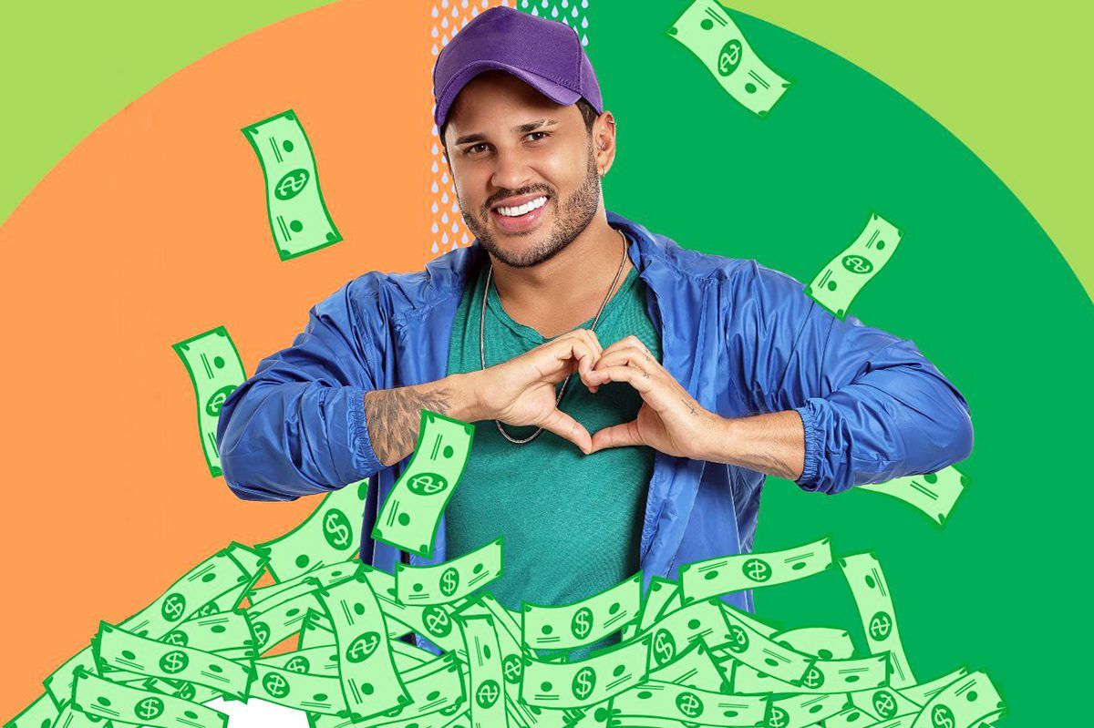 Imagem do influencer Lucas Guimarães com roupa e boné azuis fazendo coração com as mãos e arte gráfica de banheira com chuveiro e notas de dinheiro