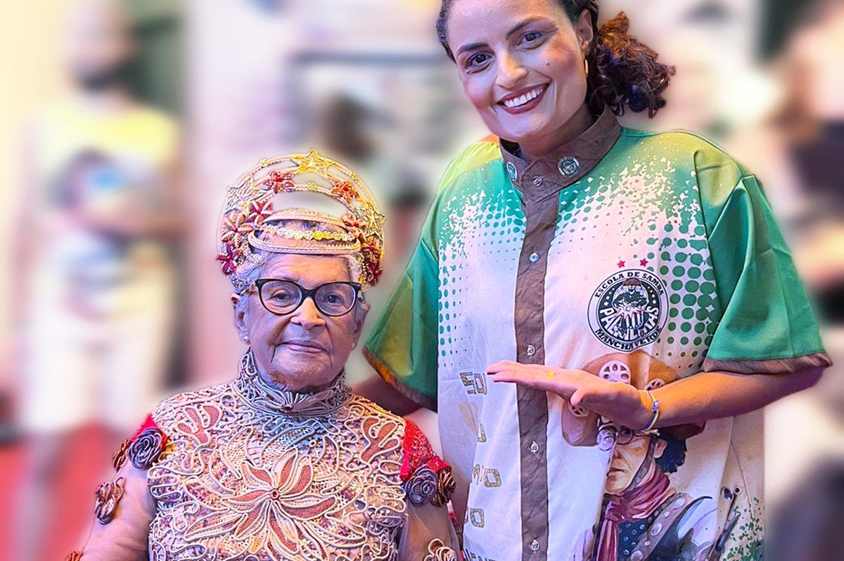 Imagem de Rafaela Castro arrumando Expedita Ferreira para o Desfile do Carnaval de São Paulo 2023