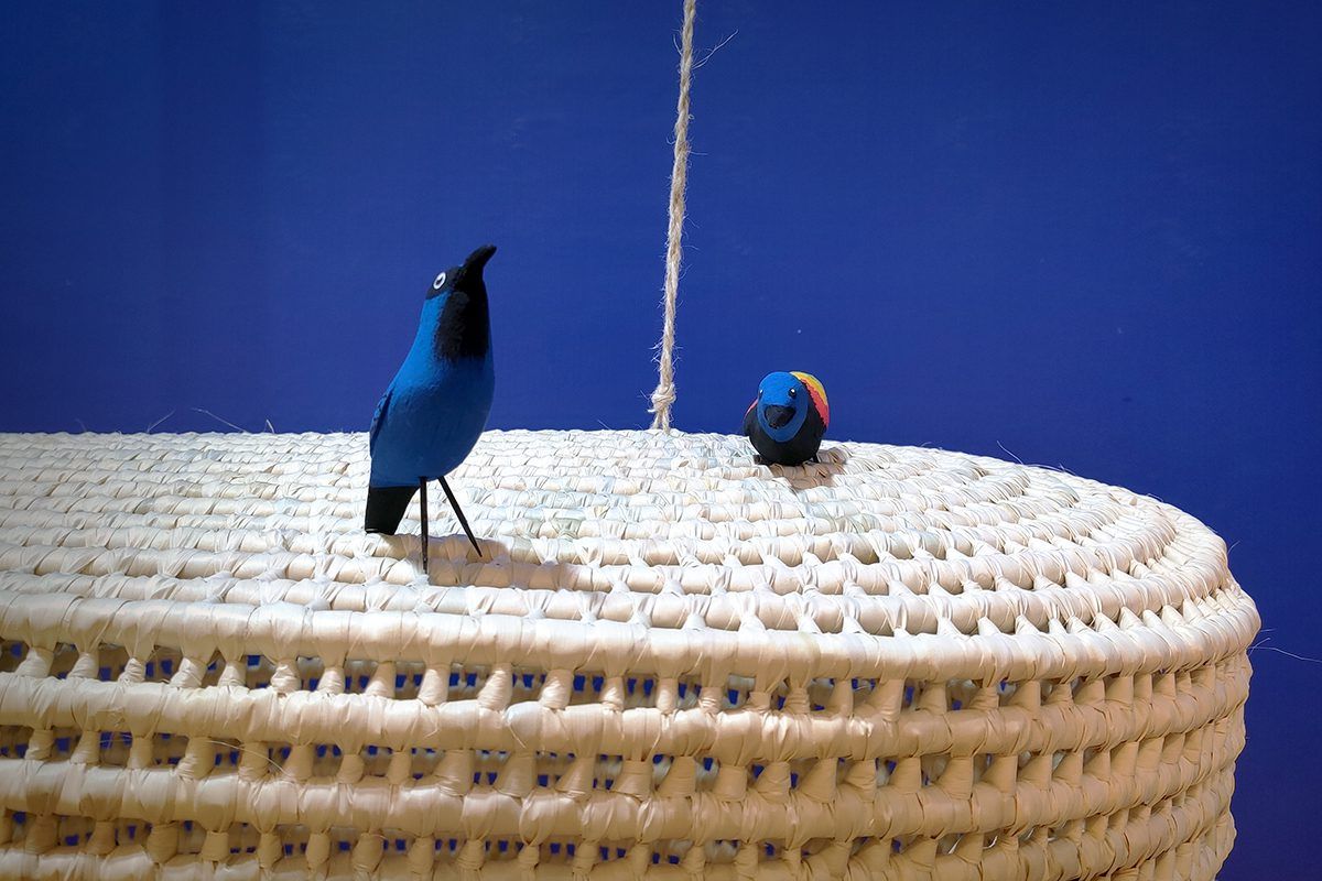 Imagem de peça em palha e passarinhos em madeira da exposição Sergipanidade