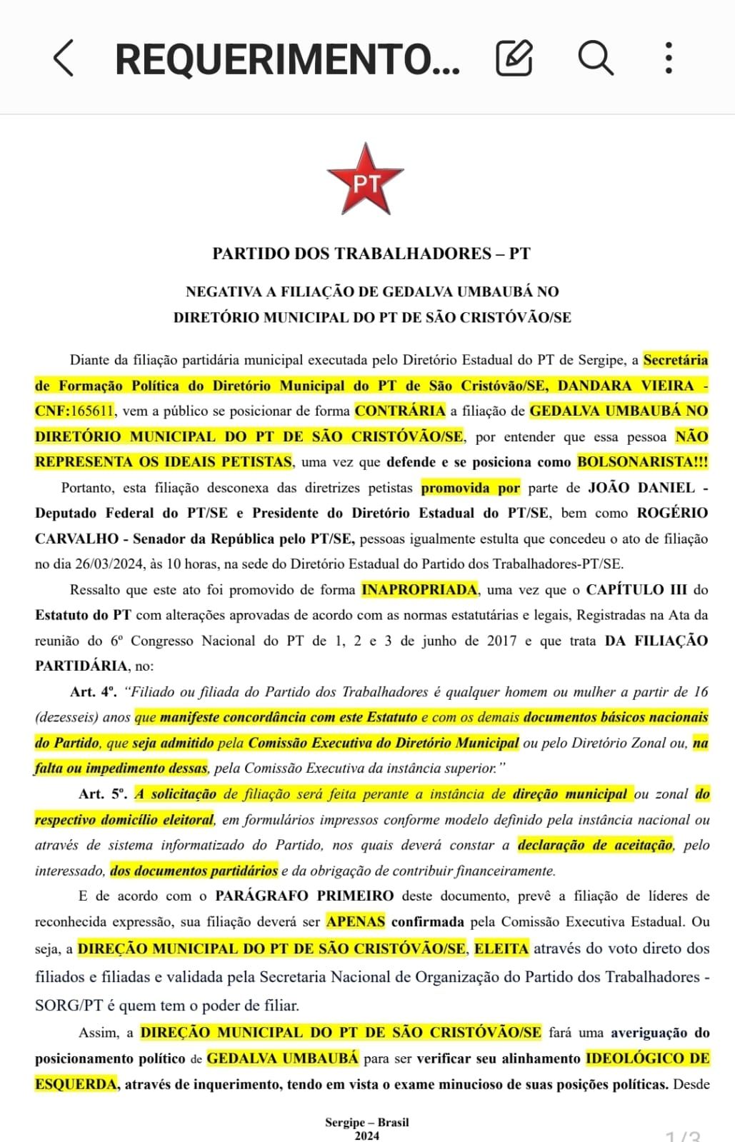  Secretária de Formação Política do Diretório Municipal Reprova Filiação de Gedalva Umbaubá ao PT de São Cristóvão/SE: Polêmica e Repúdio Emergem no Partido