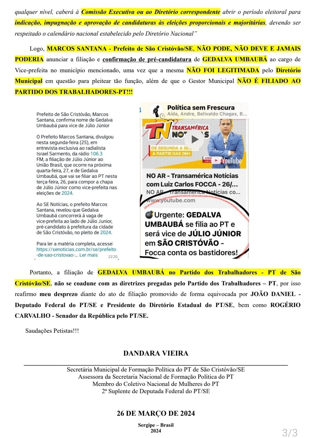  Secretária de Formação Política do Diretório Municipal Reprova Filiação de Gedalva Umbaubá ao PT de São Cristóvão/SE: Polêmica e Repúdio Emergem no Partido