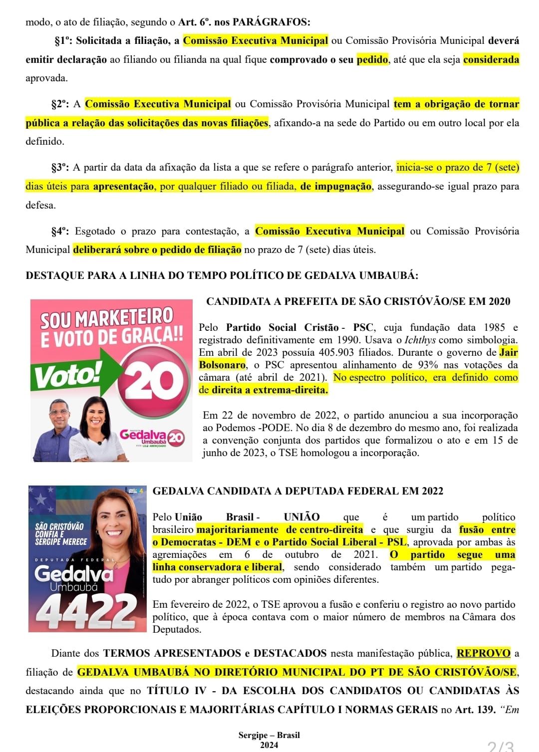  Secretária de Formação Política do Diretório Municipal Reprova Filiação de Gedalva Umbaubá ao PT de São Cristóvão/SE: Polêmica e Repúdio Emergem no Partido
